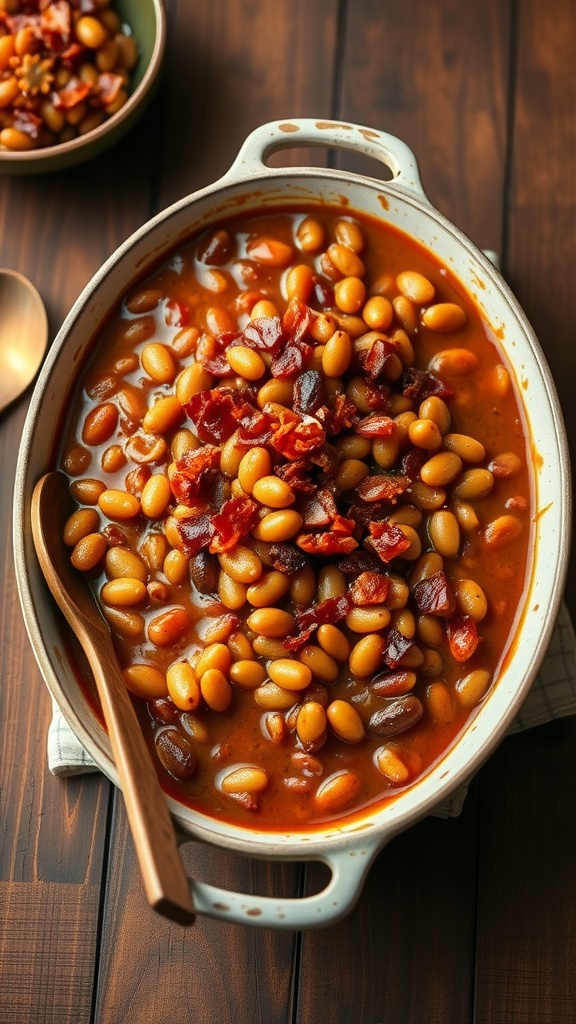 A large dish of savory baked beans with bacon, set on a rustic table.